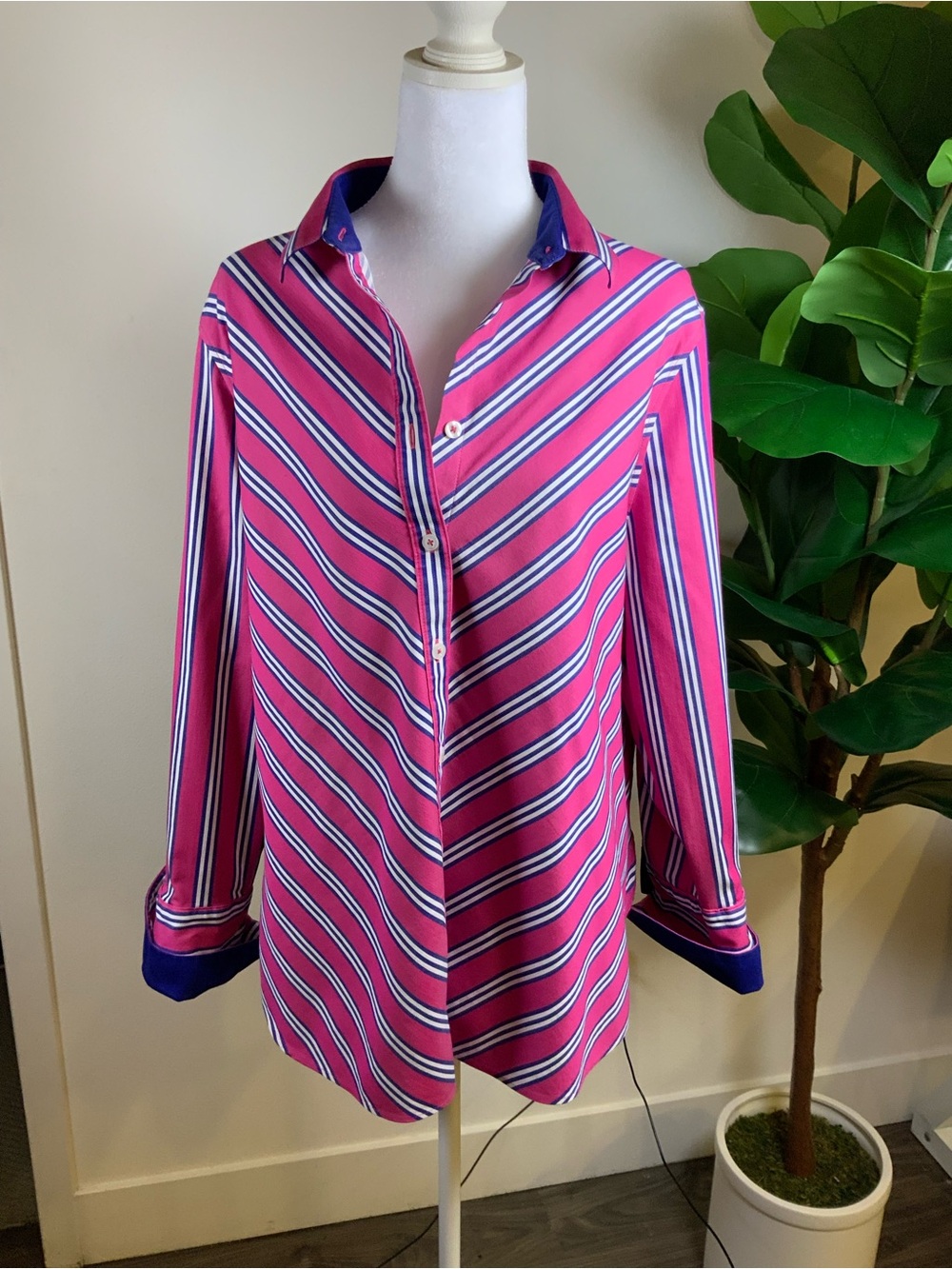 Chico's Fuchsia Striped Button Down Shirt with Navy Trim